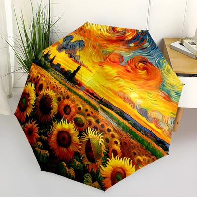 1pc Sunflower Field Automatic Folding Umbrella, Portable 3-Fold Design, 8-Bone Iron Frame Outdoor Umbrella, Ideal Gift for Fans, Travelers, Daily Use,
