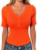 Women V Neck Ribbed Knit Short Sleeve Top with Button Casual Slim Fit Pullover for Everyday Wear