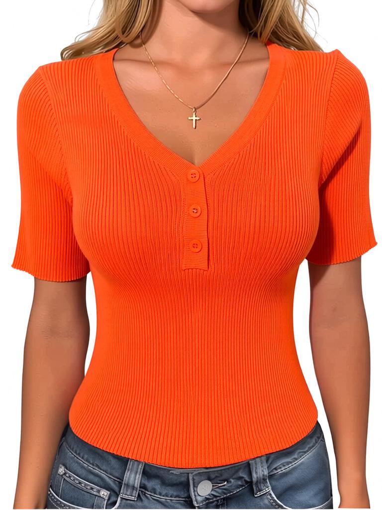 Women V Neck Ribbed Knit Short Sleeve Top with Button Casual Slim Fit Pullover for Everyday Wear