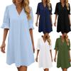 Women's Casual Plain V-neck Loose Pleated Five-quarter Sleeve Dress Summer