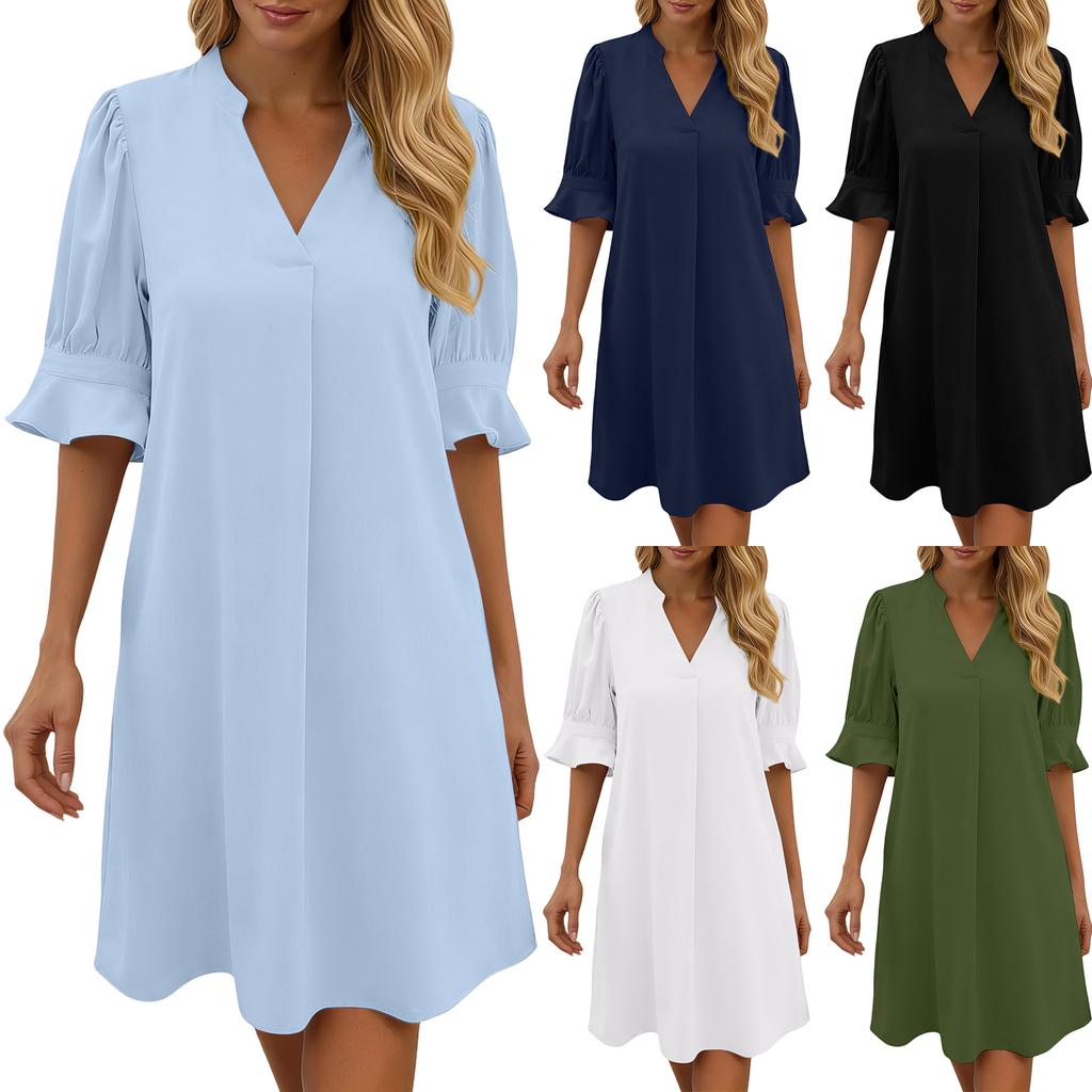 Damen Casual Plain V-Ausschnitt Loose Plissee Fünfviertelärmel Kleid Sommer