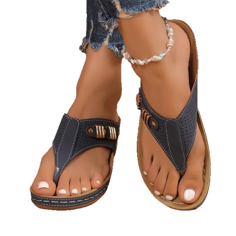 New Thick-soled Toe Hollow Slippers Women's Slope Heel Flip-flops Sewing Line Beach Large Size Cool Slippers