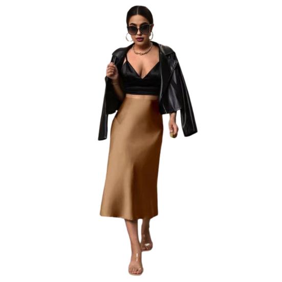 Women Midi Skirt High Waist Smooth Satin Fishtail Hem Slimming Skirt Travel Party Work Leisure Daily Wear S темно-коричневого