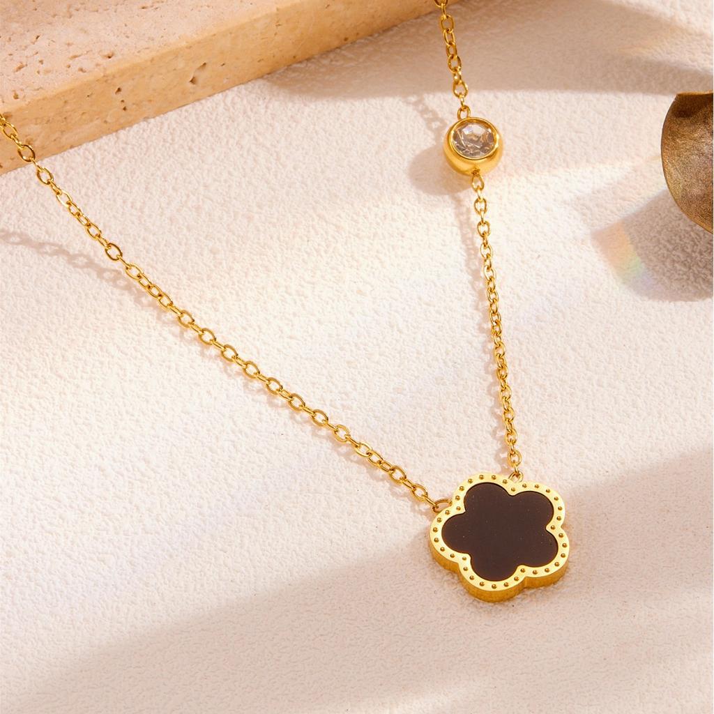 Double Sided Clover Zirconia Necklace, Lucky Charms Flower Shell Pendant, Rustproof Stainless Steel Dainty Jewelry for Women