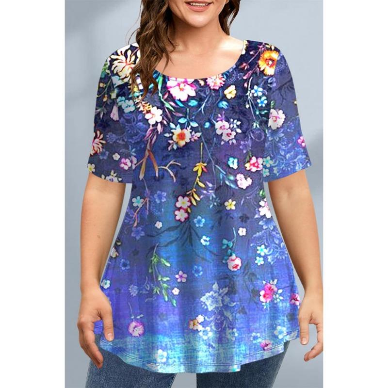 Summer Round Neck 3D Floral Butterfly Printed Top Fashionable Casual Short Sleeved Women's Plus SizeT-shirts