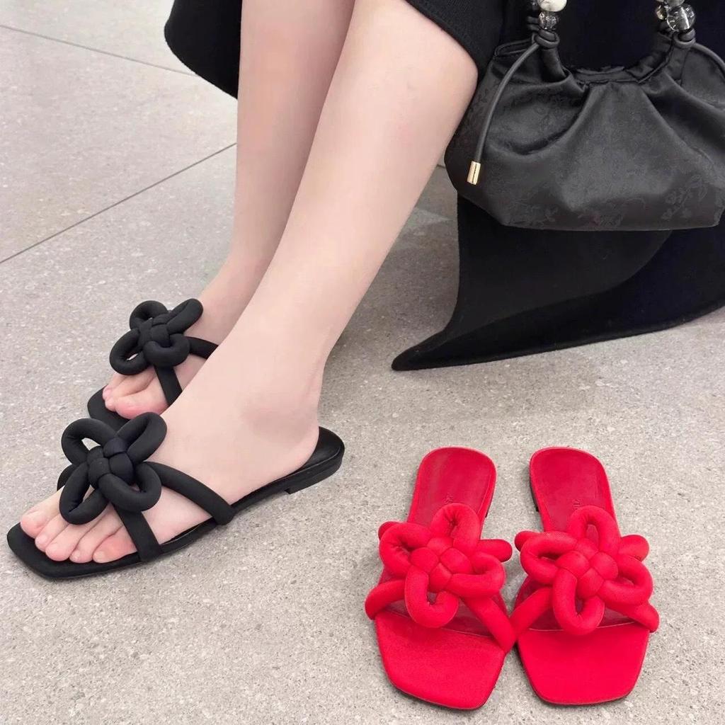 2025 Women's Genuine Leather Red Chinese Knot Flat Sandals - Square Toe, One-Strap Casual Outdoor Wear