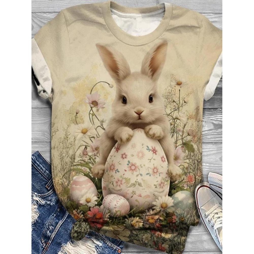 Easter Women's Funny Animal Prints Short Sleeve Tops 3D O-Neck Shirt Summer Casual