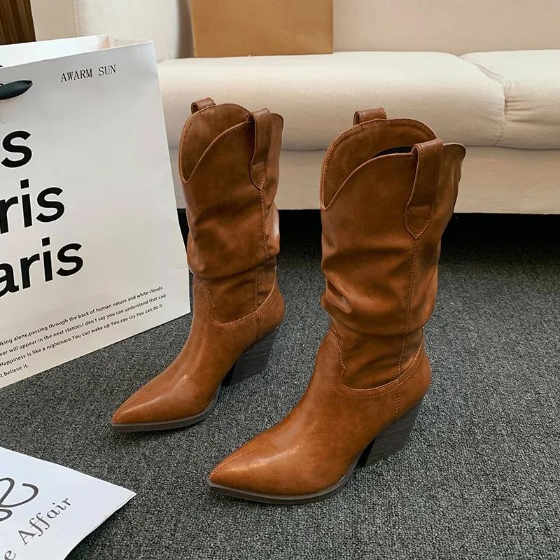 Modă Tocuri Înalte Până la Mijlocul Gambei Cizme Pliate pentru Femei Toamnă Iarnă Maro Piele PU Cizme Western Femeie cu Toc Gros Cowboy Botas Mujer