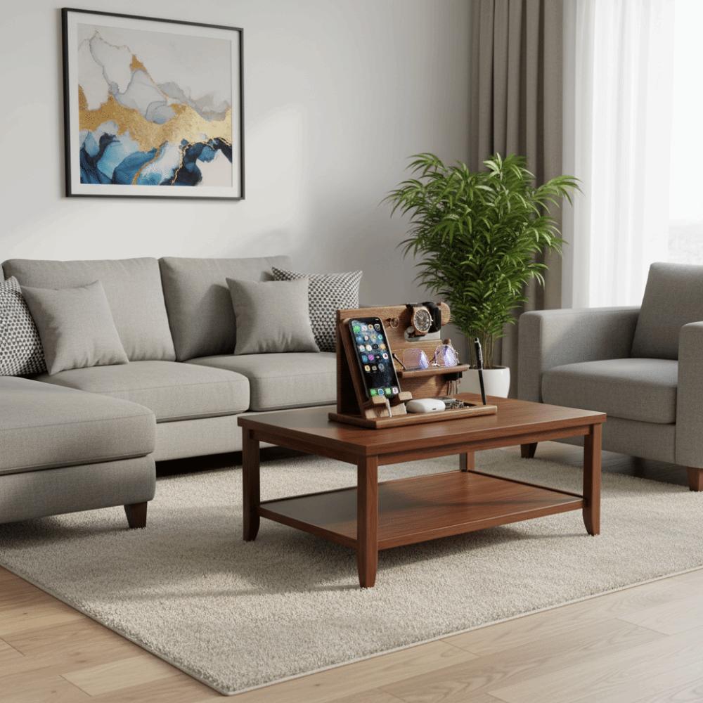 Solid Wood Charging Phone Holder Space Saving Watch Organizer Keychain Wallet Storage Rack Gift