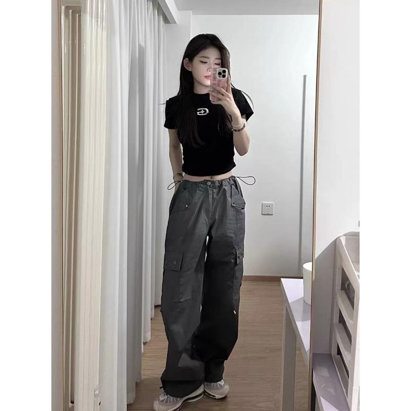 Grunge Aesthetics Crop Top Korean Fashion Chic T-shirts Vintage Irregular Slim Tee Shirts 3D Metal Logo Y2k Streetwear