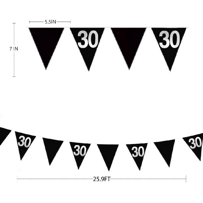 26FT Black Silver 30th Birthday Party Decorations Fabric Pennant Banner Garland Streamers for Women Mens Dirty Thirty 30 and Fabulous Birthday Cheers
