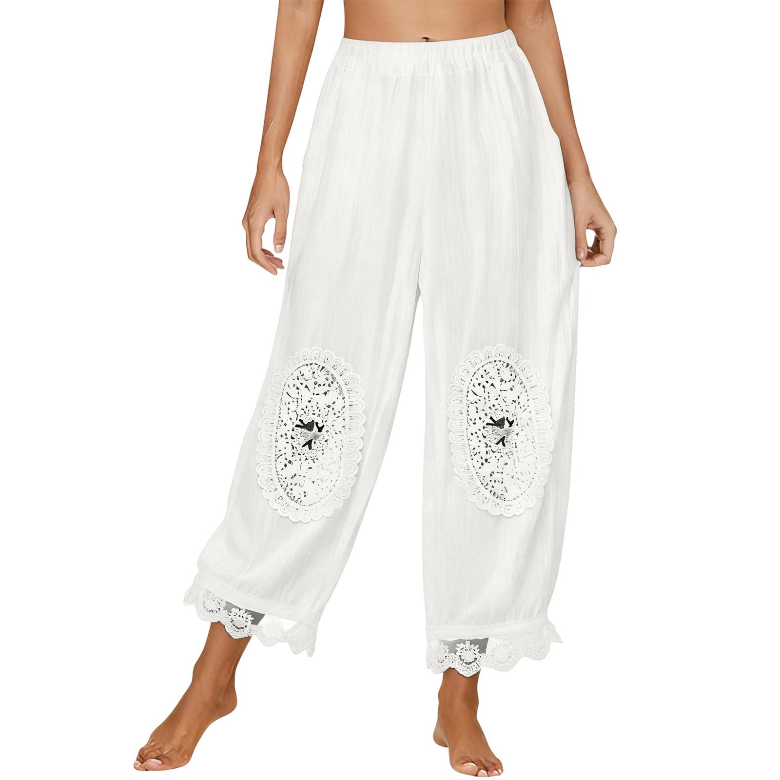 

Fashionable Women s Heavy-duty Embroidery Nine Point Flower Pants, Retro Artistic Splicing Lace Waist Loose Casual Pants XL білий