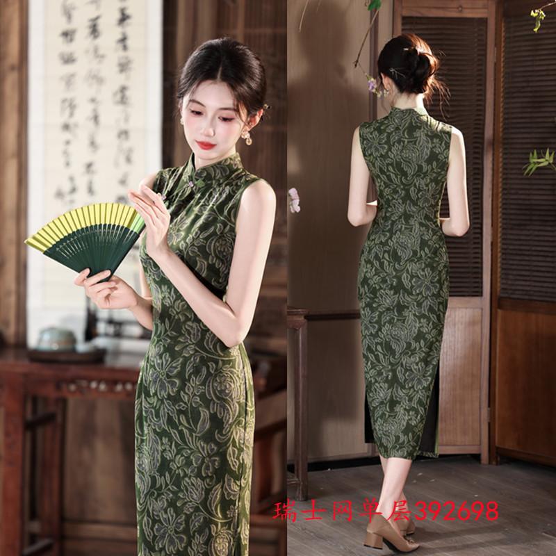 Green new Chinese Hong Kong style sleeveless long cheongsam 1011 summer new slim and thin daily wear dress