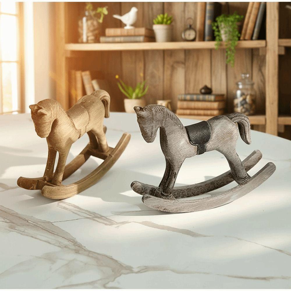 Wooden Craft Wooden Rocking Horse Wooden Horse Animal Figurines Desk Decor  Desktop Bar