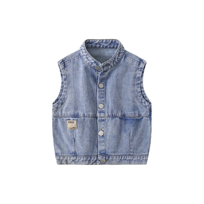 Spring and Autumn Boys' Stylish Denim Vest Children's Clothing Kids' Stand Collar Cardigan Baby Sleeveless Solid Color Jacket