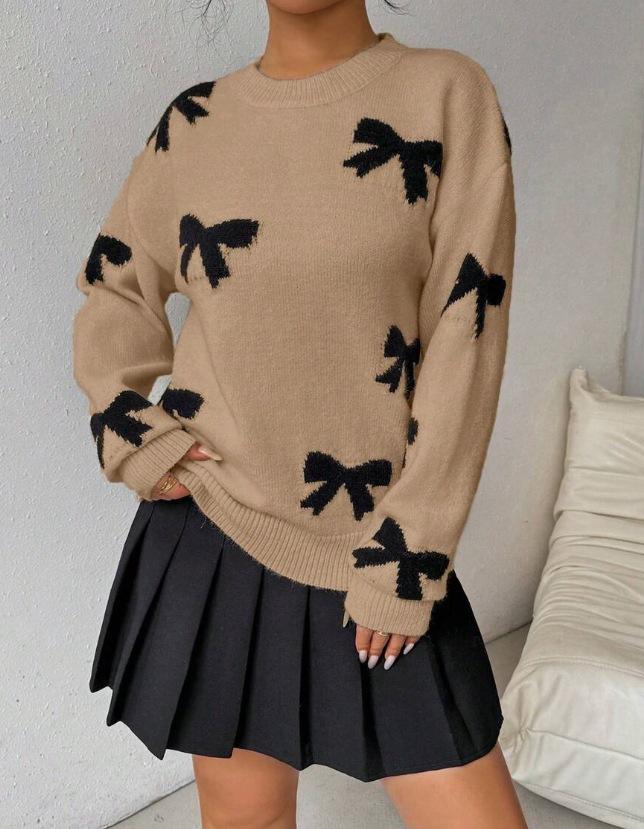Women's Bow Pattern Crew Neck Knit Sweater