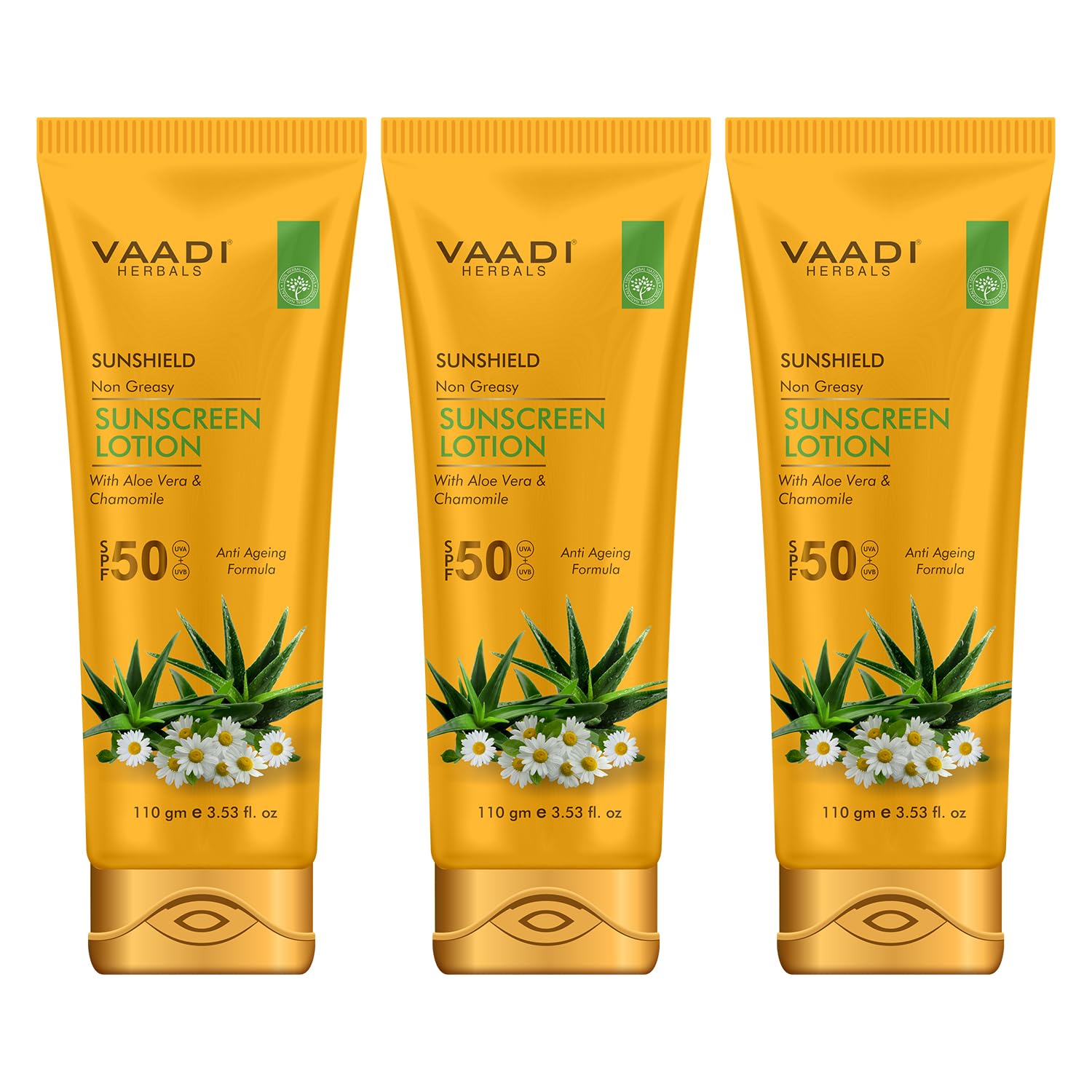 

Vaadi Herbals Sunscreen Lotion SPF 50 With Aloe Vera & Chamomile Lightweight Non Greasy Sun Protection Lotion For Face & Body Pack Of 3 X 110 ml