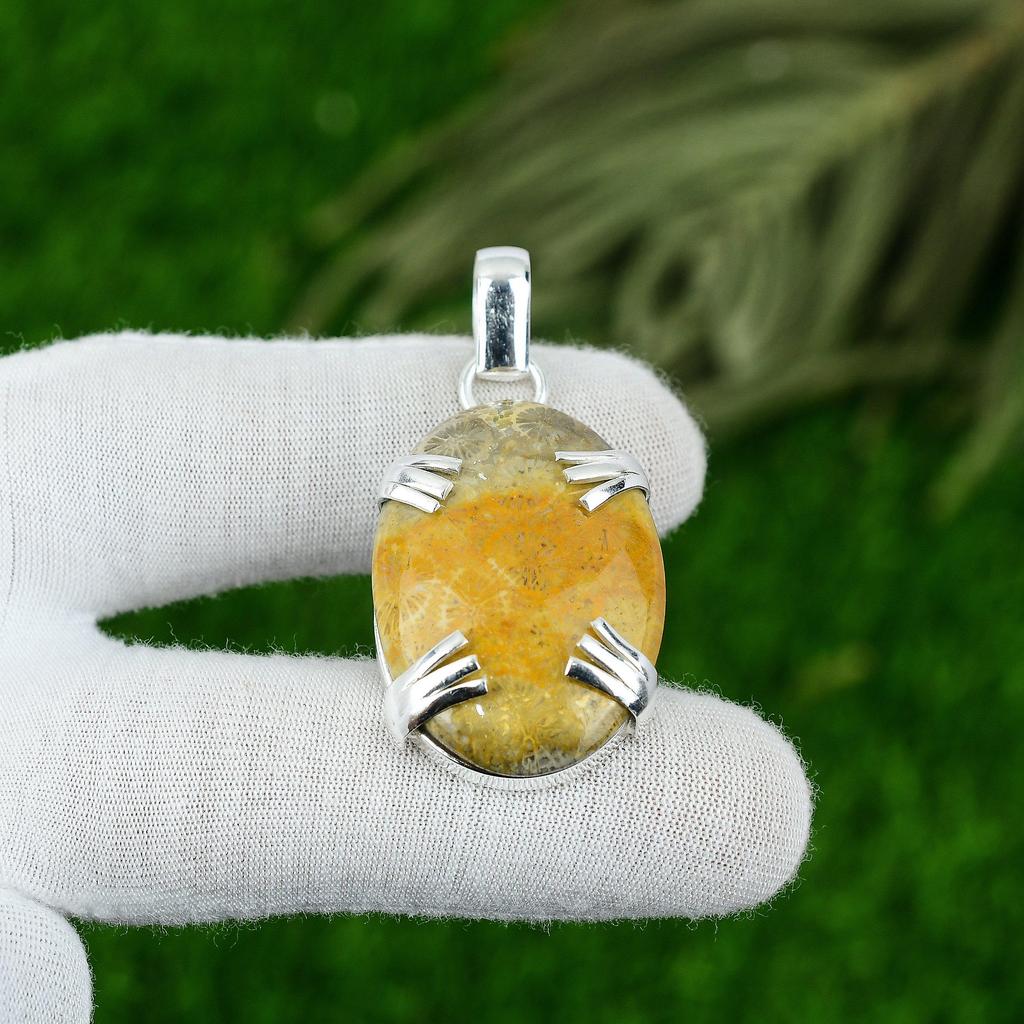 Wedding Gift For Her 925 Sterling Silver Natural Fossil Coral Gemstone Pendant