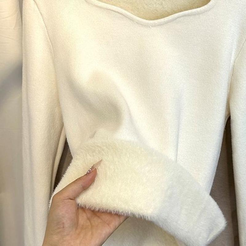 Podzimní a zimní vše v jednom teplé sametové spodní prádlo pro ženy se čtvercovým výstřihem, zesílený hřejivý a plyšový spodní díl, svetr, top slim fit