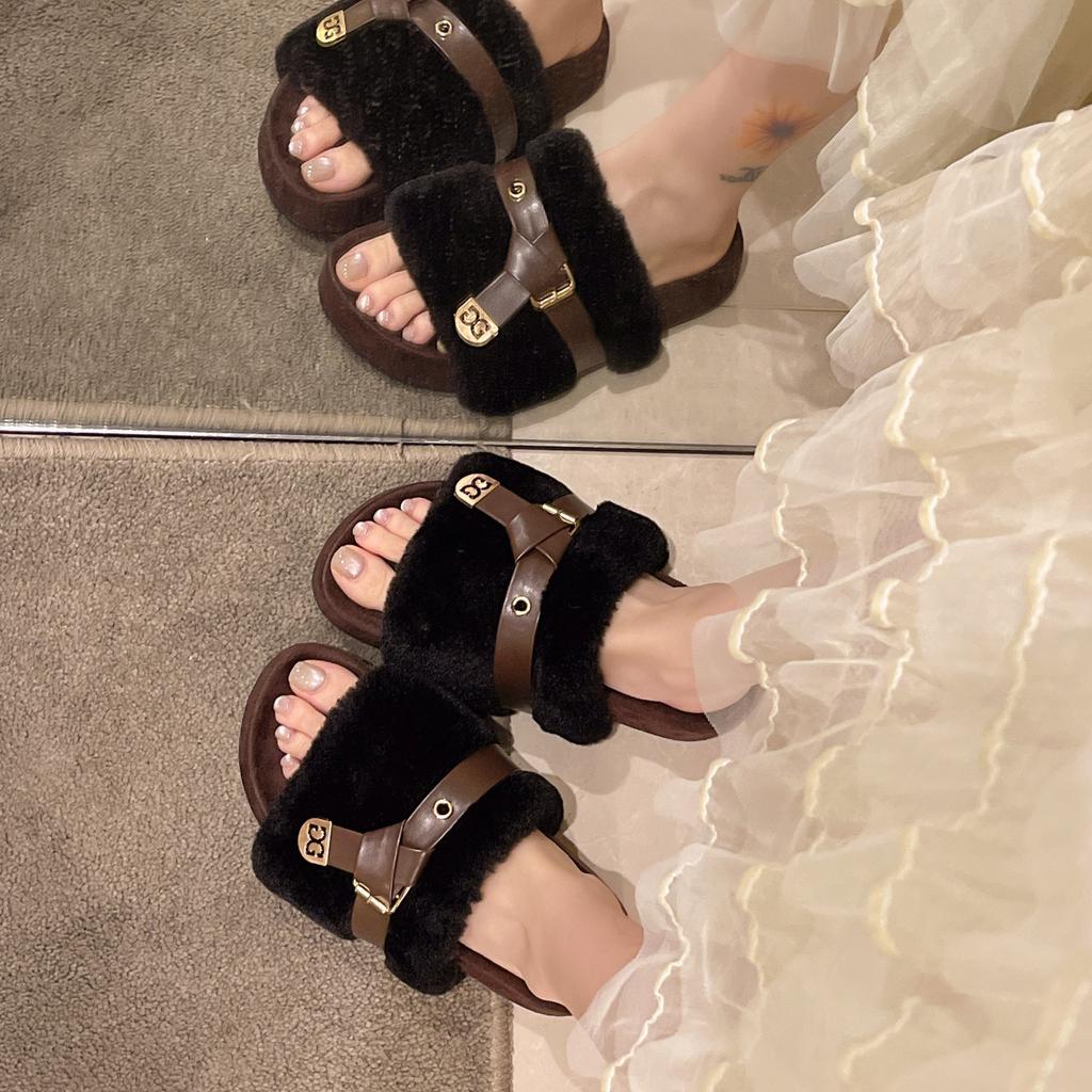 Large Size Women's Shoes 41-43 Mao Mao Slippers Women's Outer Wear Home One-word Belt Buckle Ins Trendy Thick-soled Casual Cotton Slippers