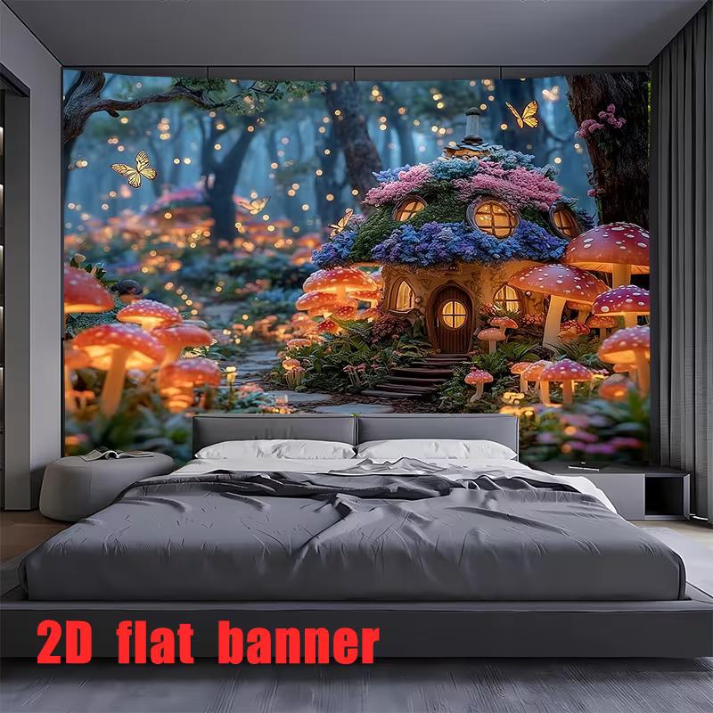 2D Dreamy Enchanted Forest Backdrop, Magical Mushroom House & Butterflies Art