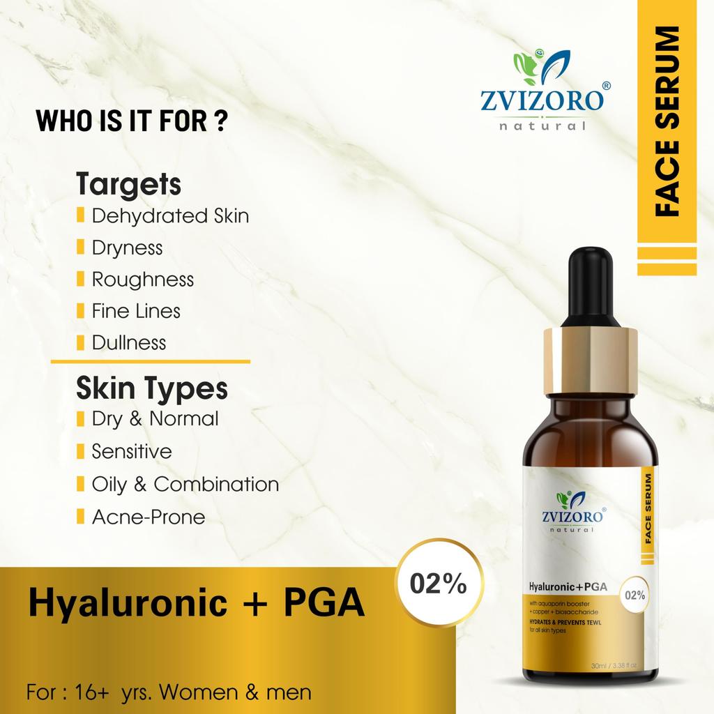 ZVIZORO 2% Hyaluronic Acid + PGA Serum for Intense Hydration, Glowing Skin & Fine Lines | Daily Hydrating Face Serum For Women & Men with Dry, Nor