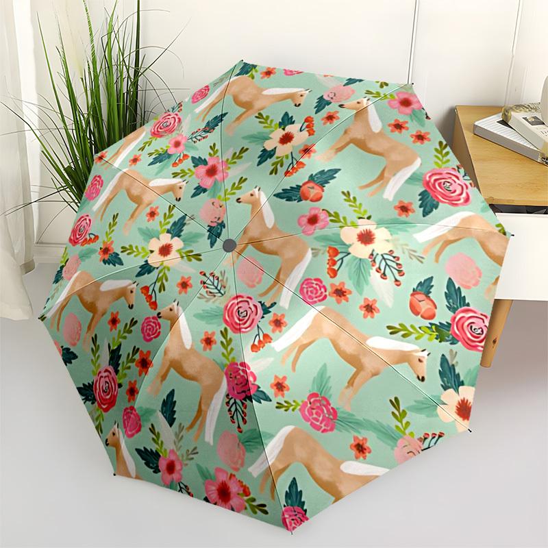 

1pc Horse Floral Pattern Automatic Folding Umbrella - Portable Collapsible Design, 8-Rib Iron Frame, Durable Fabric yy251125006