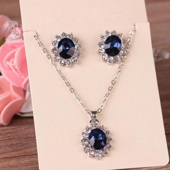 Bridal Fashion Jewelry Sets For Women Blue Full Crystal Flower Pendant Necklace Earring Set