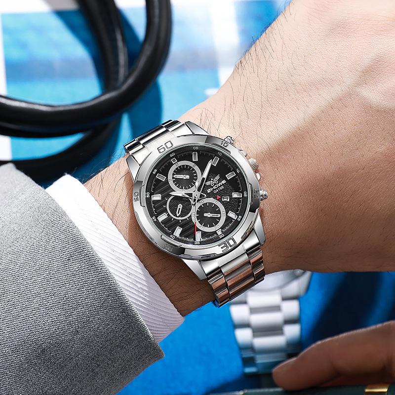 Fashion Casual Business Alloy Steel Belt Silver Scale Decorative Three-Eye Calendar Men'S Quartz Watch