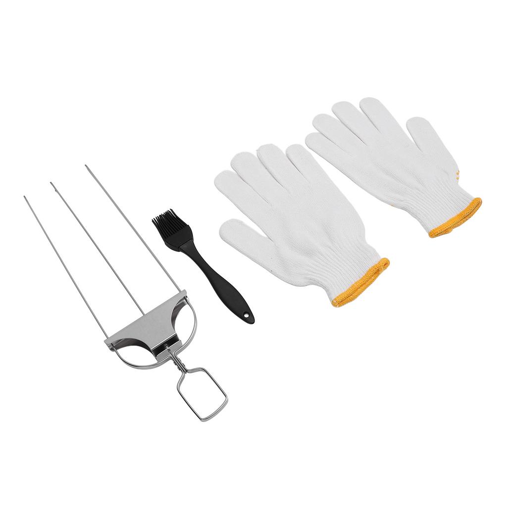 Stainless Steel Skewer Set 3 Prong Barbecue Fork Oil Brush and Gloves for Grilling Meat Chicken
