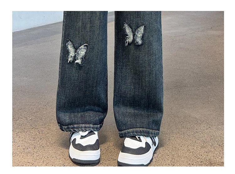 Kids' Butterfly Embroidered Wide-Leg Jeans for Girls - Spring & Autumn
