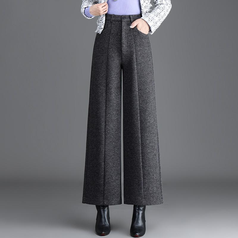 Women's High Waist Wide Leg Pants Straight Leg Pants Elegant Commuter Style Thick Woolen Fabric Pocket Design Winter Casual Long Trousers