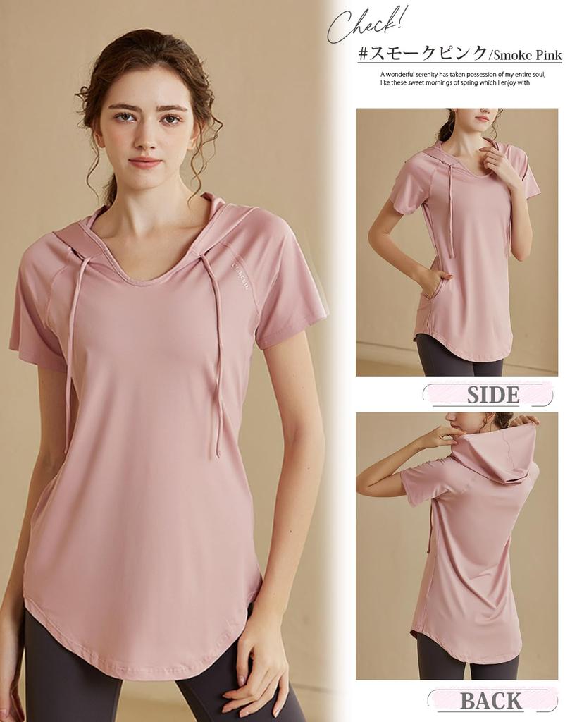 Ranmy Stage Yoga Top with a Beautiful Silhouette and a Length That Covers the Short Long for and Smoke Size L Women's Buttocks, Sleeves, Quick-Drying,