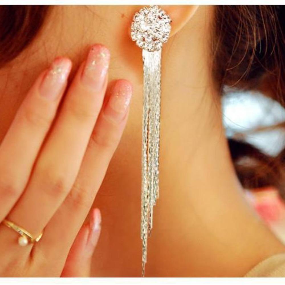 1Pair of Long Fringed Earrings, Korean Version of Fashion Temperament Exaggerated Diamond-set Round Earrings