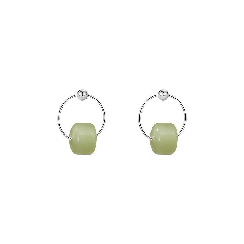 Exquisite Chinese-Style 925 Sterling Silver Hetian Jade Hoop Earrings for Women