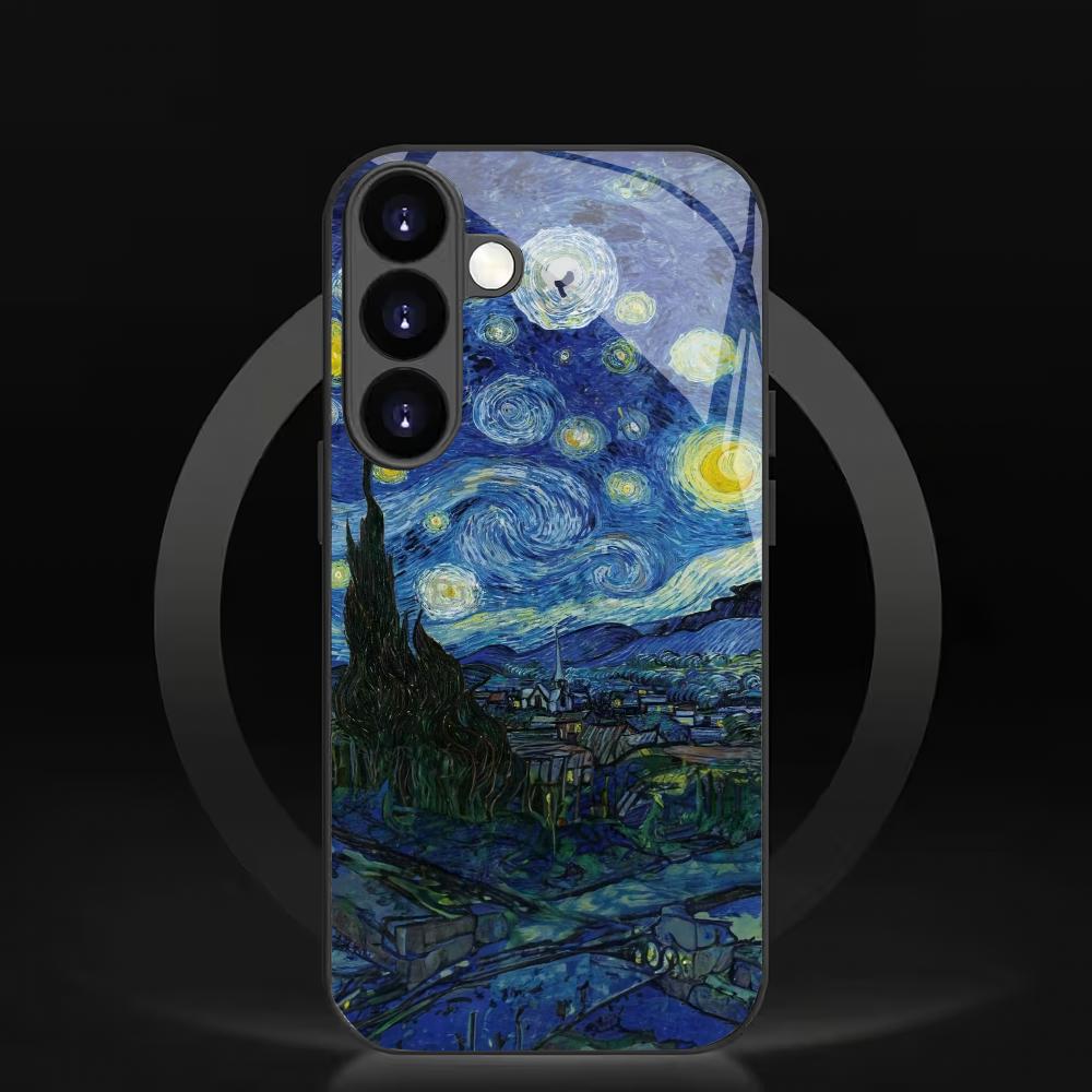 Oil Painting Starry Sky Tempered Glass Phone Case Suitable for Samsung Galaxy S26 S25 S24 S23 S22 S20 FE/Ultra/Plus Anti Drop