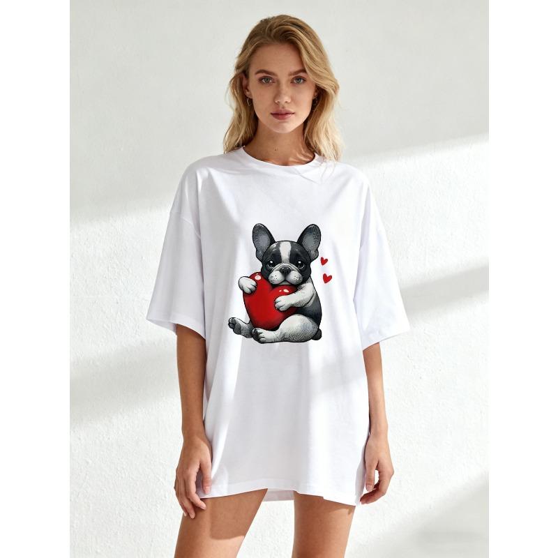 Oversized T Shirt Black French Bulldog Holding Heart Print Casual Wear For Women And Girls Summer Outfit Cute Animal Design Valentine Day Gift Idea