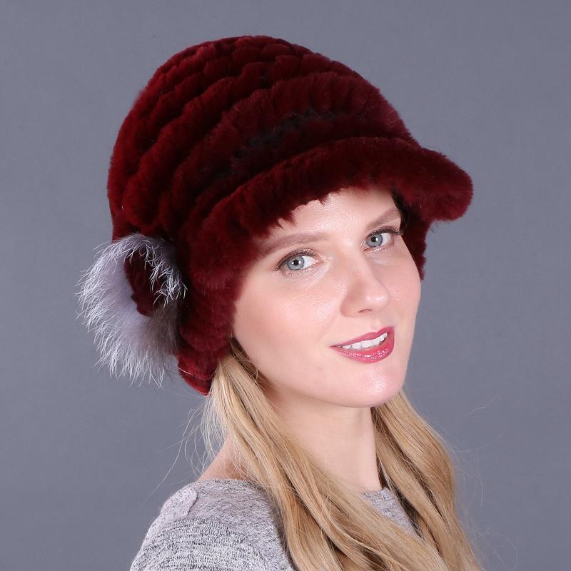 Wintermütze für Damen, warm, Rex-Kaninchenhaar, gestricktes Fell, Entenzungenmütze