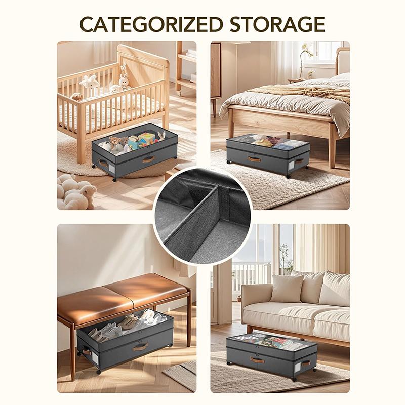 Under Bed Storage With Wheels, 72L Xxl Large Underbed Storage Containers, 11 Inches Height Under Bed Shoe Bins With Clear Lids