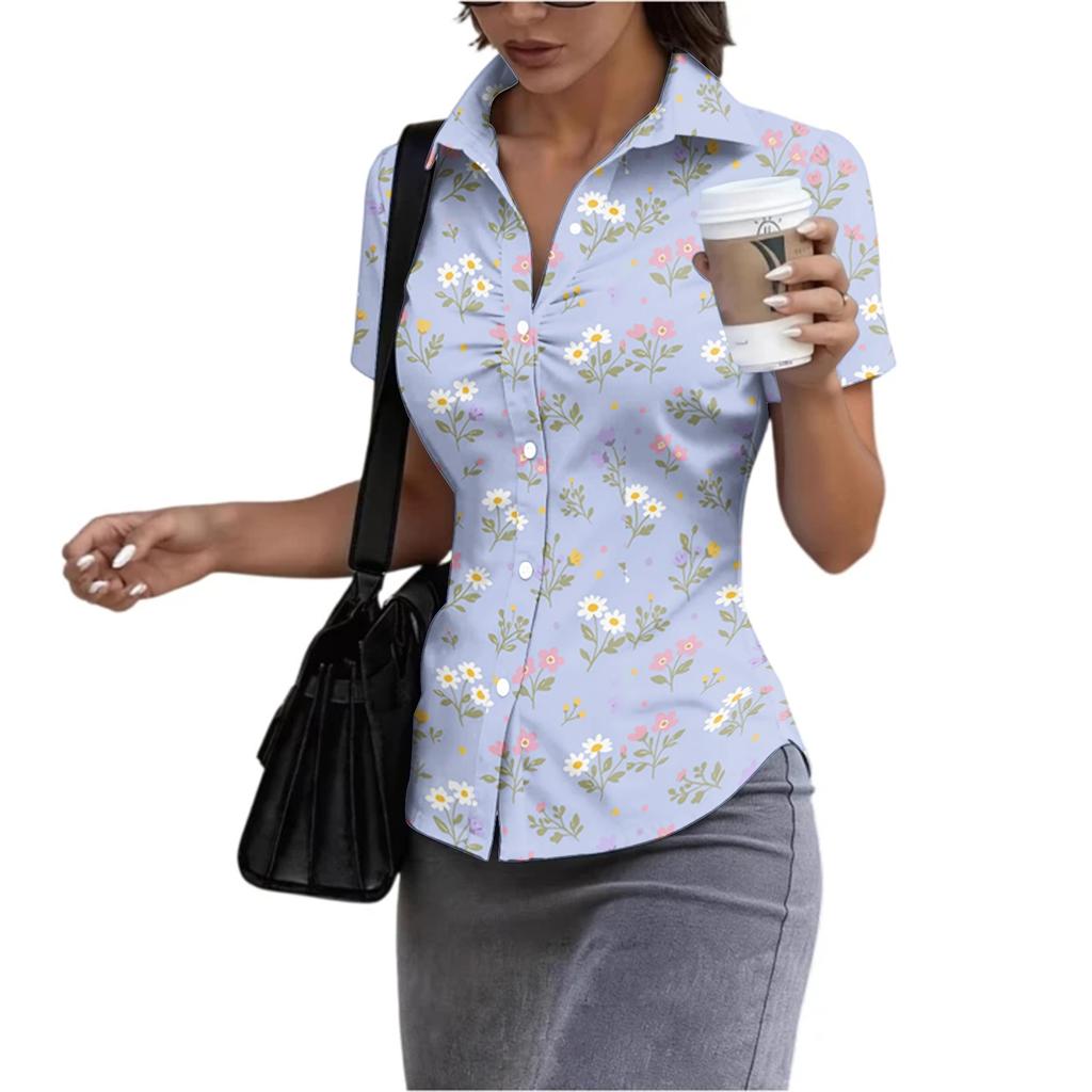 Women Short Sleeve Button Down Shirt Slim Fit Collared Blouse Lightweight Casual Workwear Top for Summer