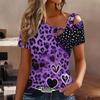 Women Leopard Print Stitching Print Cold Shoulder Short Sleeve T Shirt Irregular Cutout Neck Casual Summer Blouse Top