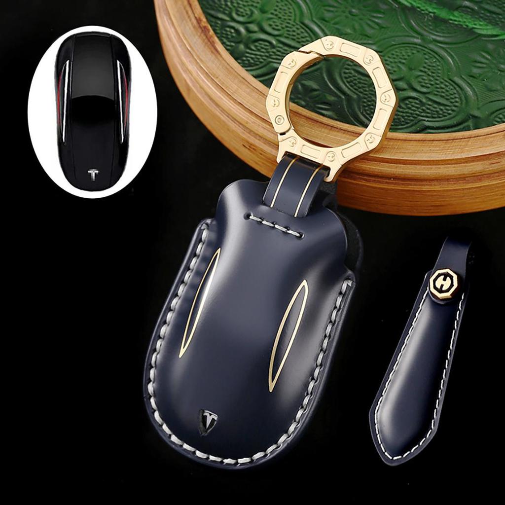Suitable for Tesla Model Y/3/X Handmade Cowhide High-End Car Key Cover Keychain Car Key Case
