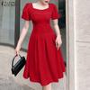 ZANZEA Women Casual Square Neck Summer Short Sleeve Dress