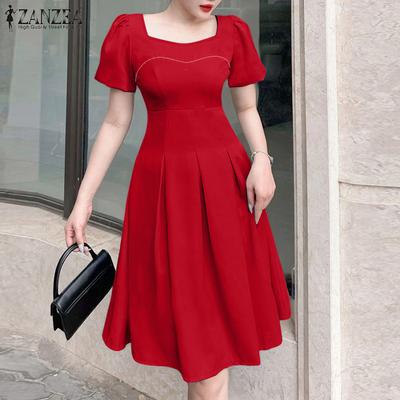 Women Casual Square Neck Summer Short Sleeve Dress