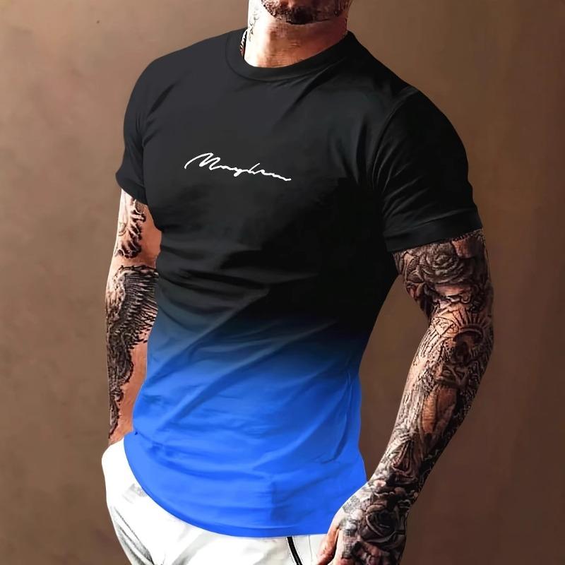 Men's Summer Leisure Fashionable Comfortable 3D Gradient Color Printed T-shirt- Soft Medium Stretch Polyester Fabric Summer Mens Relaxed Fit Clothing