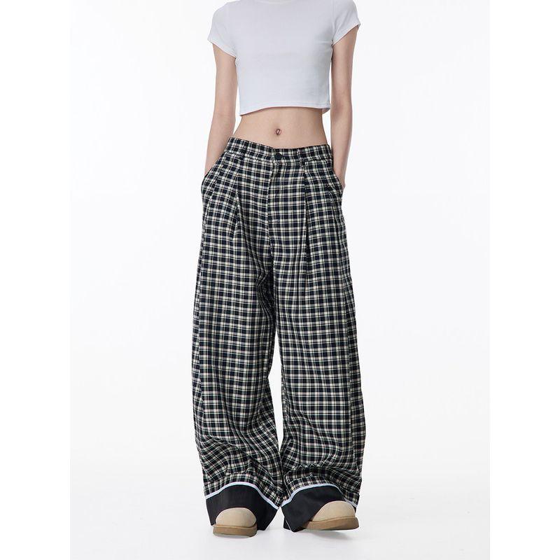 Black of Exit American Retro Plaid Cuffed Casual Pants for Men and Women, Loose and Lazy Wide-Leg Floor-Length Pants