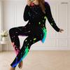 Women Plus Size Round Neck Long Sleeve Neon Print Longline Top Fitted Pants Two Piece Set