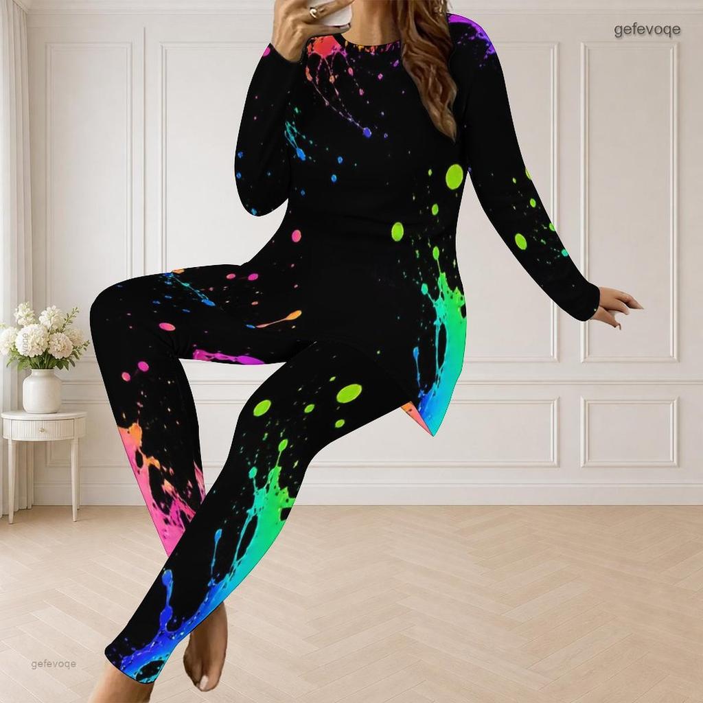 Women Plus Size Round Neck Long Sleeve Neon Print Longline Top Fitted Pants Two Piece Set