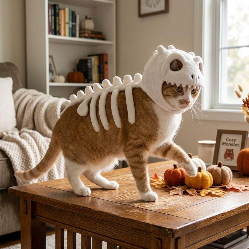 Soft Plush Halloween Cat Skeleton Hoodie Glow in Dark Pet Dino Skull Hooded Costume Cat and Dog