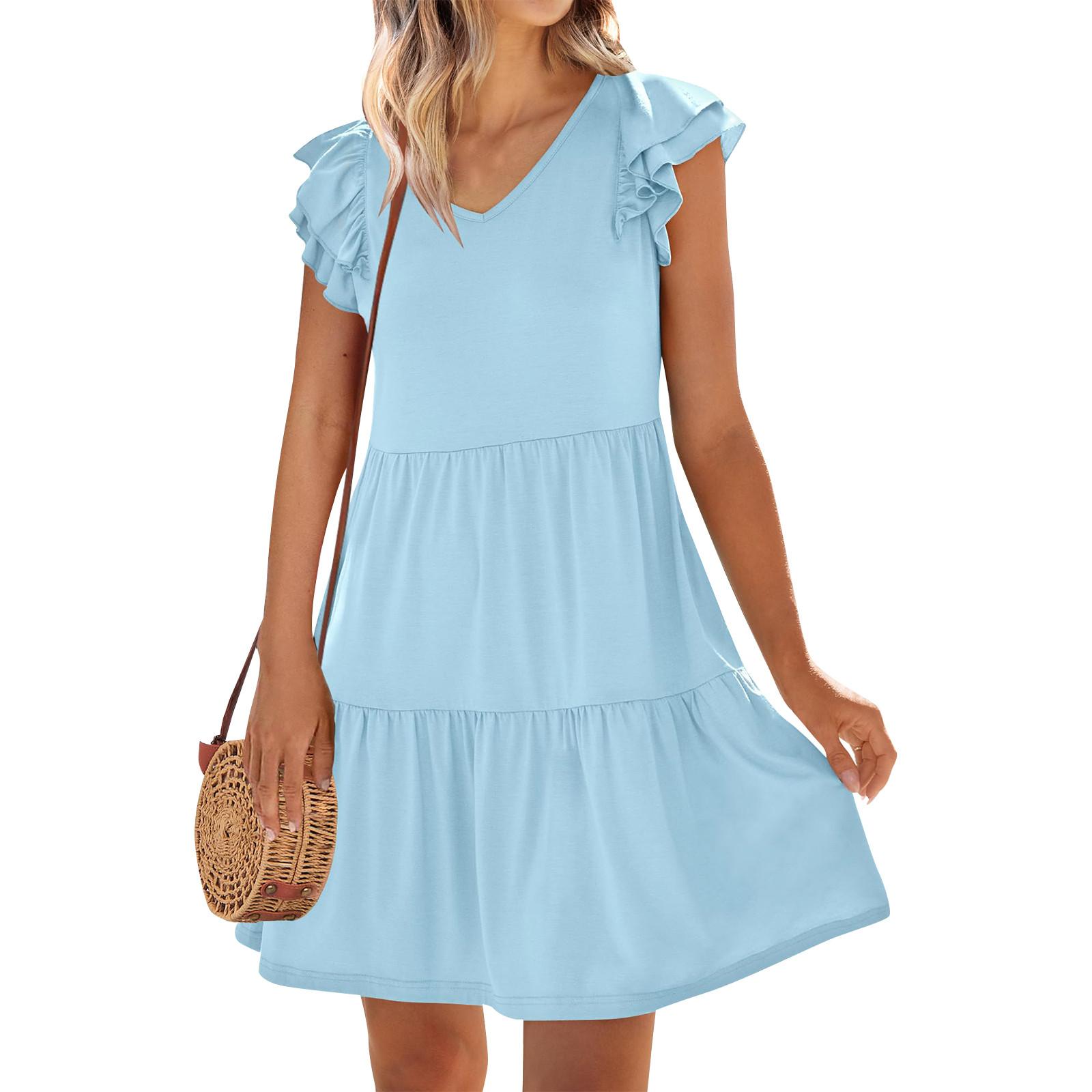 

Женские летние платья с оборками, короткими рукавами, присборенными рукавами, V-образным вырезом, повседневные свободные платья-трапеции, сарафаны S небесно-голубой